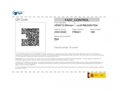 QR-код для санитарного контроля в Испании. Дата прибытия 23.01.2022