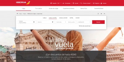 Сайт авиакомпании Iberia с формой поиска путешествий